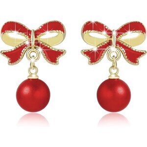 Women's Red Bow Earring Long Tassel Chain Drop Earrings Trendy Small Bow Sparkly